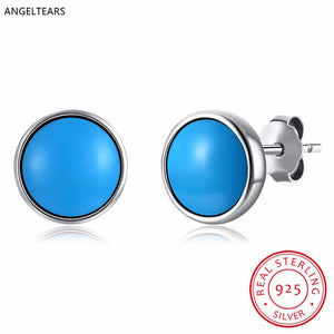 100% Real 925 Sterling silver round turquoise stud earrings women fashion party Fine Jewelry birthd gift drop shipping brinco