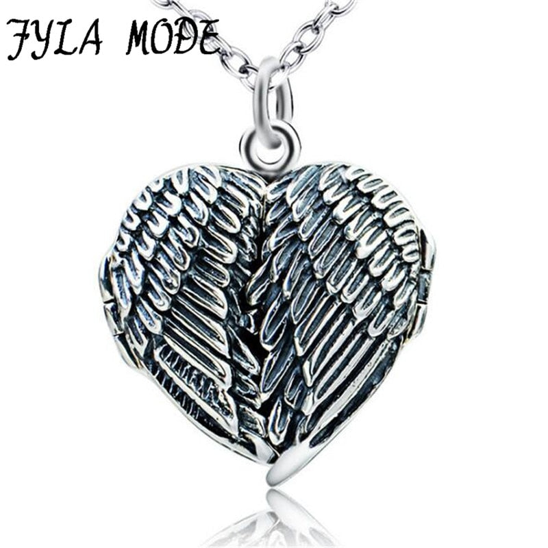 100% Real Pure 925 Sterling Silver Heart Locket Photo Frame Pendant Necklace Antique Silver Angel Wing Necklace For Women