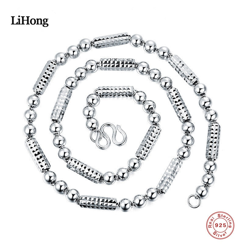 100% Sterling Silver Necklaces Hexagonal Beads Men'S Charm Necklace Silver Chain Jewelery 55CM