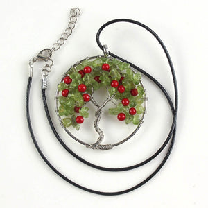 100-Unique 1 Pcs Natural Peridot Stone Tree Of Life Chakra Winding Pendant Leather Chain Necklace Charm Jewelry
