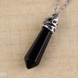 100-Unique 1 Pcs Silver Plated Beautiful Black Onyx Stone Hexagon Prism Healing Point Pendant Necklace Link Chain