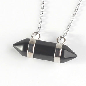 100-Unique Silver Plated Black Onyx Stone Hexagon Prism Healing Double Buckle Pendant Necklace Fashion Jewelry