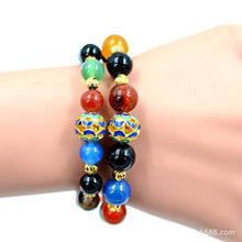 Carica l'immagine nel visualizzatore di Gallery, Bracciale con perline dorate di sabbia e agata rossa brasiliana naturale pura da 10 mm. Bracciale con coppia di perline di agata nera rossa. Bracciale uomo donna fortunato 