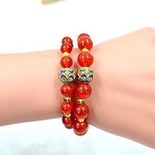 Carica l'immagine nel visualizzatore di Gallery, Bracciale con perline dorate di sabbia e agata rossa brasiliana naturale pura da 10 mm. Bracciale con coppia di perline di agata nera rossa. Bracciale uomo donna fortunato 