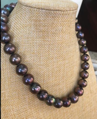 11-13mm round real natural Tahitian black pearl necklace 18 14 K gold