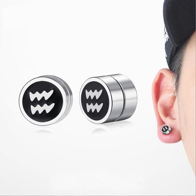 12 Constellations Aquarius Magnetic Stud Earrings For Men Women Stainless Steel Circle Clip Magnet Fake Plugs No Piercing 8MM