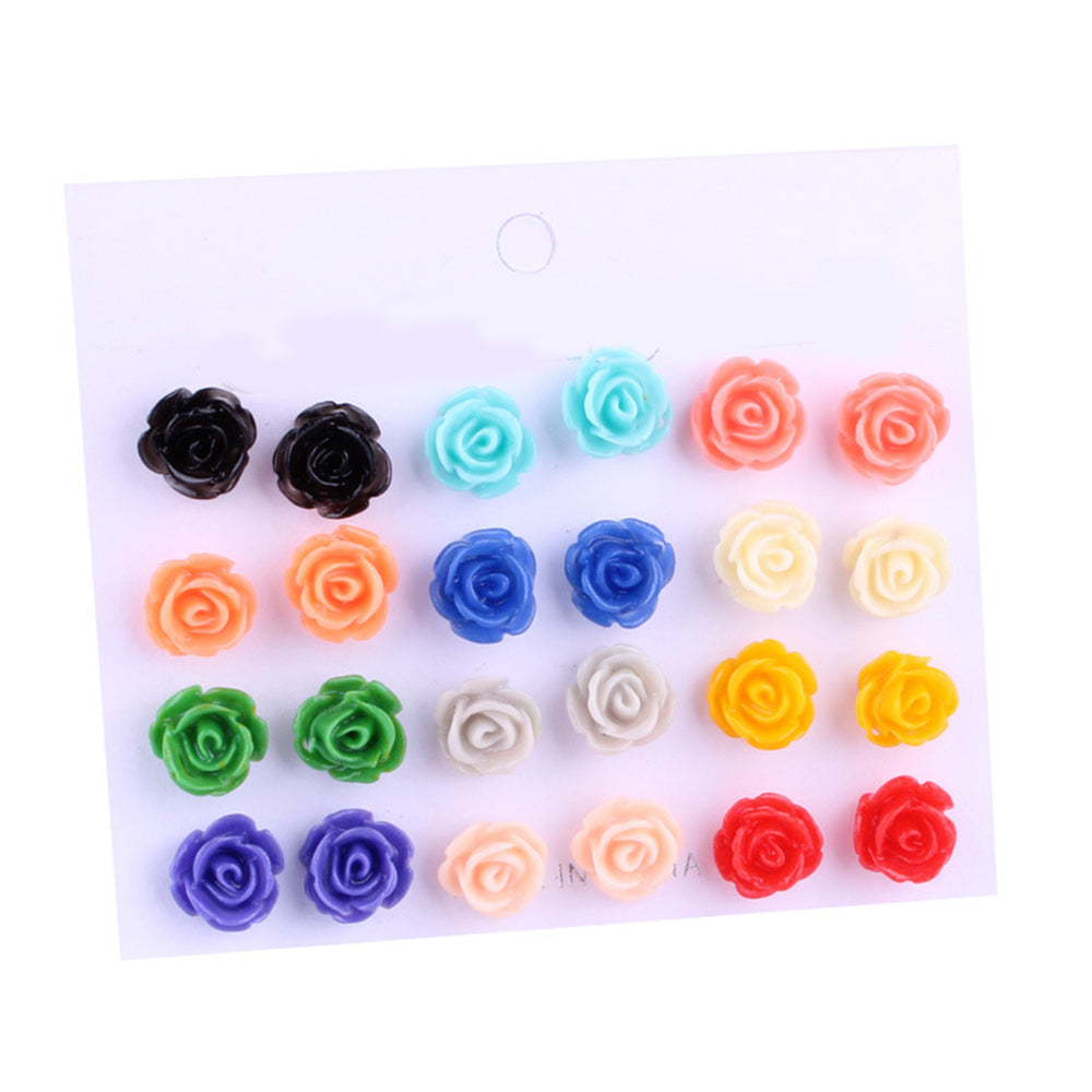 12 Pairs Bohemia Rose Earrings Set Resin Rose Flower Stud Earring for Women Gift Party Wedding Jewelry Multi Color