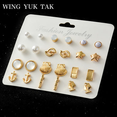 12 Pairs/Set Earring Trendy Gold Color Star Simulated Pearl Shell Statement Stud Earrings Set For Women 2018 New Arrival Jewelry