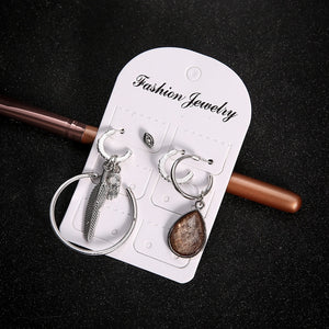 12 Sets/Lot Antique Silver Color Stud Earrings Set Eye Water Drop Crystal Large Earring Women Big Circle Leaf Ear Clip Jewelry