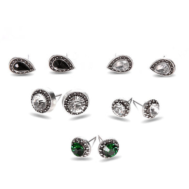 12 Sets/Lot Statement Symmetry Earrings For Women Mixed Geometric Green Crystal Earring Vintage Silver Color Eardrop Jewelry