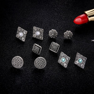 12 Sets/Lot Vintage Punk Stud Earrings For Women Crystal Geometric Shaped Earring Hollow Design Ear Jewelry Eardrop Accessories