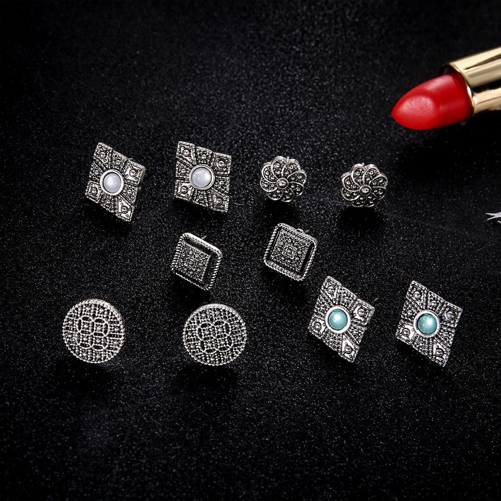 12 Sets/Lot Vintage Punk Stud Earrings For Women Crystal Geometric Shaped Earring Hollow Design Ear Jewelry Eardrop Accessories