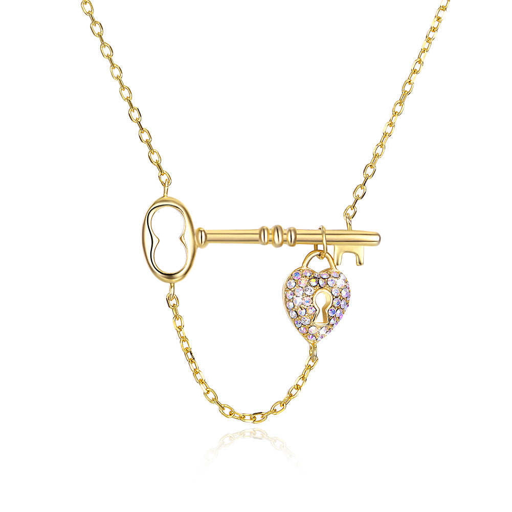 14K gold uses Austria crystal necklace ornaments heart key sweet sterling silver 925 heart-shaped key necklace