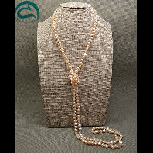 150cm Long Pearl Jewellery,Natural Pink Color Baroque Pearl Necklace,Handmade 7-8mm Perfect Women Jewelry