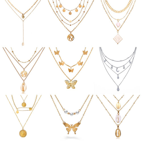 New Butterfly Pendant Necklaces For Women Fashion Moon Charm Gold Multilayer Choker Necklace 2020 Bohemian Jewelry