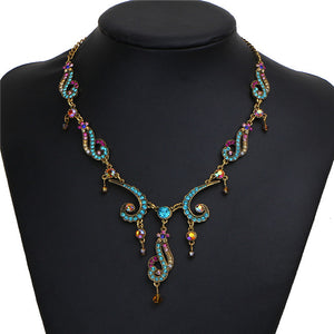 Vintage Colorful Crystal Tassel Flower Statement Necklace for Women New Gold Color Pendant Collar Maxi Ethnic Jewelry