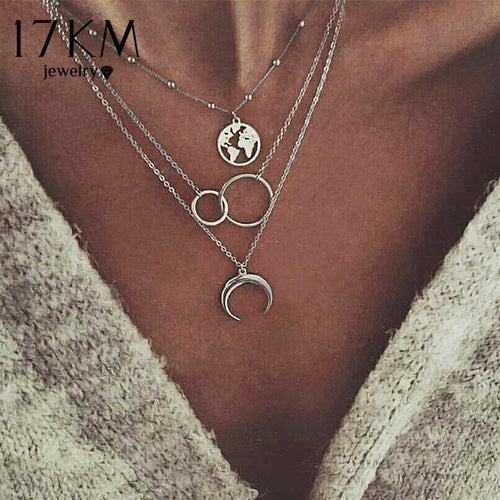 Vintage Moon Map Necklace For Women Bohemian Multilayer Circle Coin Stone Pendant Necklaces Star Beads Choker Jewelry