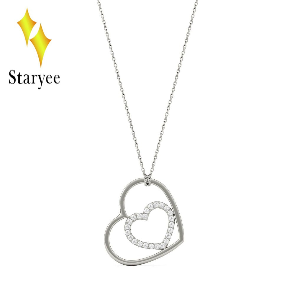 18K 750 White Gold Pendant GH Color Round Lab Grown Moissanite Double Heart Necklace Diamond Pendant Necklace for Women Jewelry