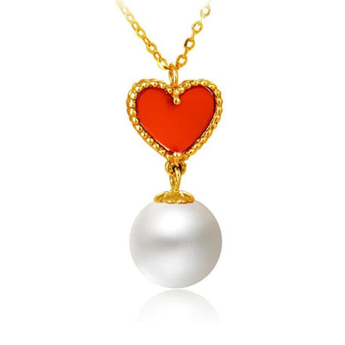 18K Gold AU750 Lovely Red Agate Heart Pendant Necklace 8mm 100% Genuine Natural Pearl Necklace & Pendant For Women