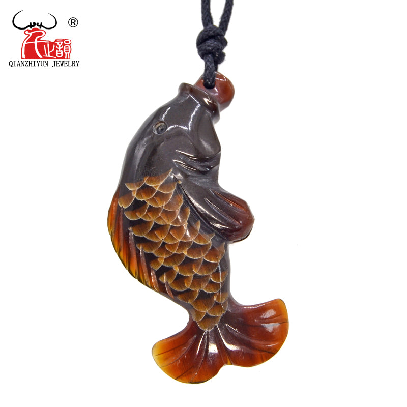 1PC Handmade Carved Natural Yak Horn The Fish Pendant Necklace Fashion Jewelry Tibet Handmade Jewelry