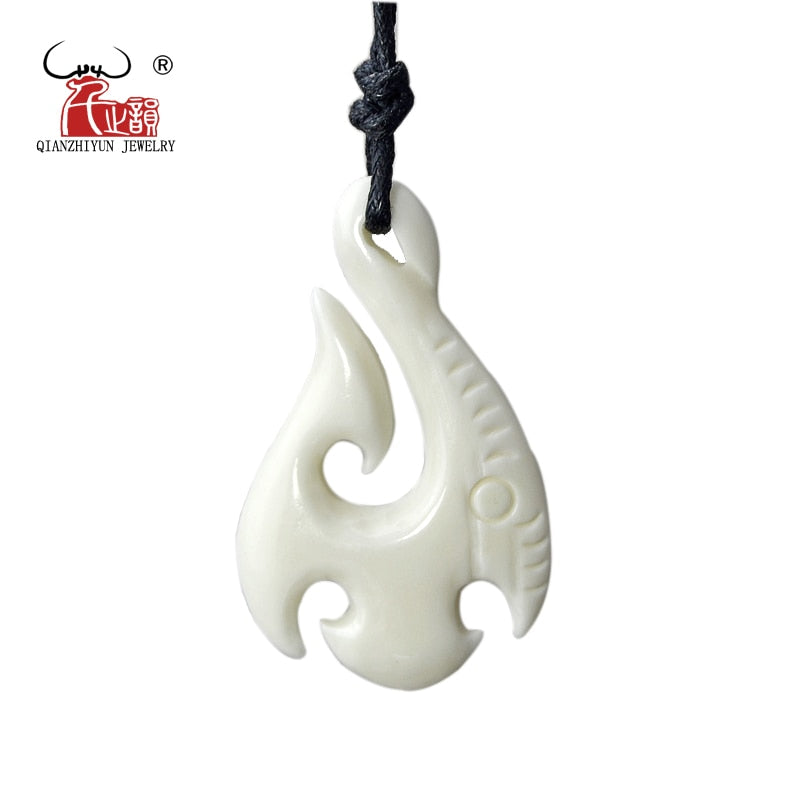 1PC Hawaii Surfer Style Handmade Carved Ox Bone Necklace FISH HOOK Pendant New Zealand Maori Manaia Choker Unisex