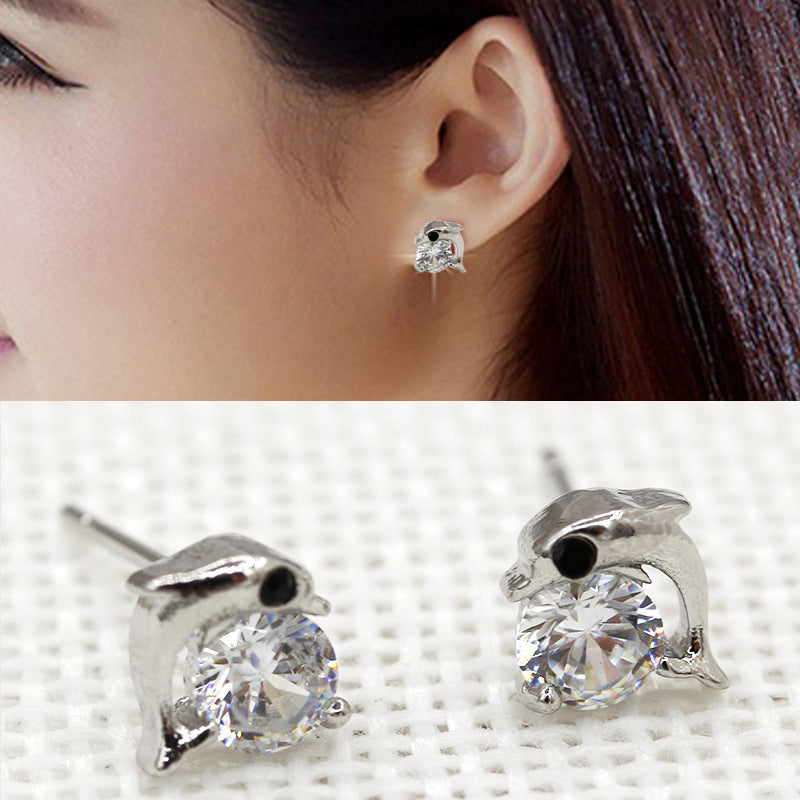 1Pair Dolphin Sterling Crystal Rhinestone Zircon Earrings Studs Cute & Charm Silver Plated Jewelry