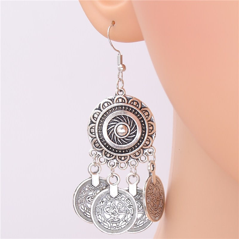1Pair Silver Flowers Round Shaped Circle Drop Earrings With Coin Carved Jewelry For Women Boho Style E963