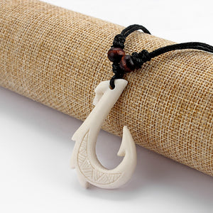 1Pcs Ethnic Tribal Imitation Yak Bone Resin Carving Maori Hook Pendant Necklace Black Wax Cotton Cord