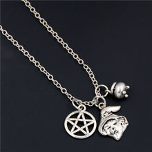 Load image into Gallery viewer, 1pc 2018 Halloween Goth Jewelry Skull Charms Bat Pendant Necklace For Festival Gift For Women Witch Hat