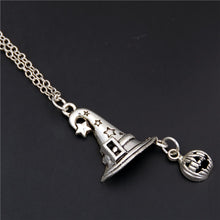 Load image into Gallery viewer, 1pc 2018 Halloween Goth Jewelry Skull Charms Bat Pendant Necklace For Festival Gift For Women Witch Hat