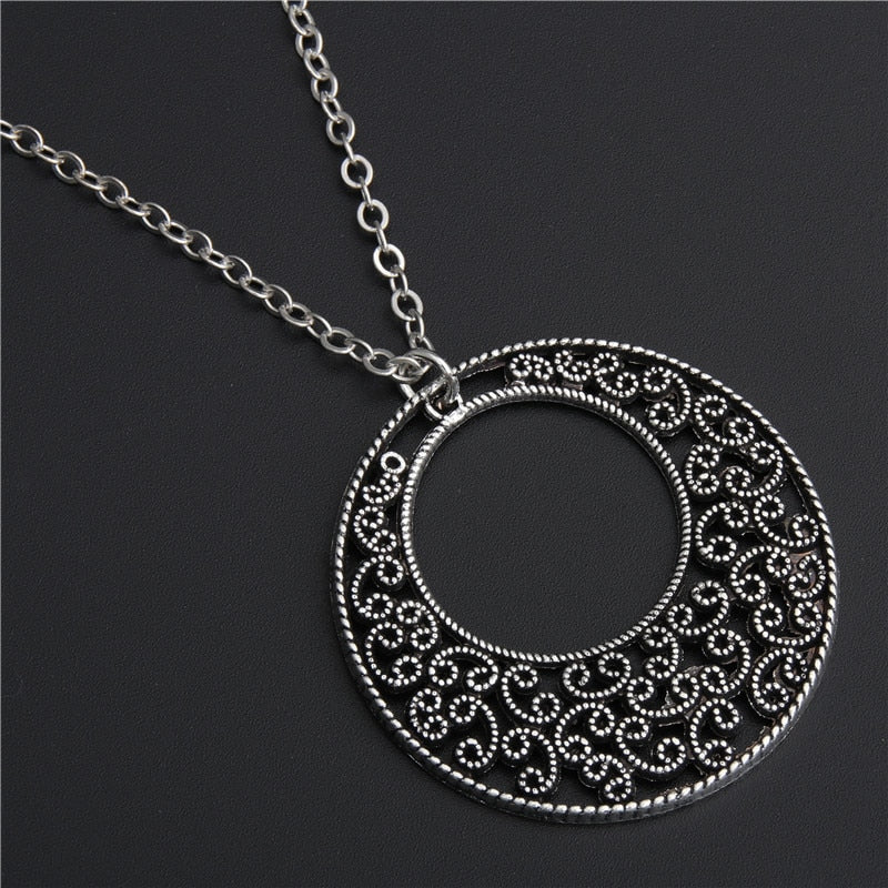 1pc Bohemian Hollow Round Flowers Pendant Necklace Chain Long Necklace Antique Silver Jewelry E574