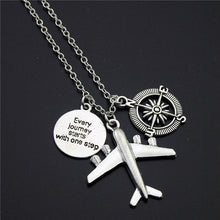 Load image into Gallery viewer, 1pc Every Journey Starts With One Step Words Compass Airplane Necklace Camera Jewelry Gift Flight Pilot Travel Necklace