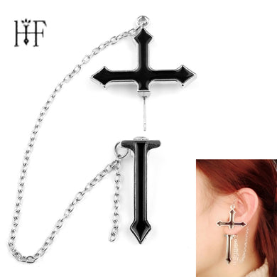 1pc Fashion Big Stud Cross Earring Co Xmas Gift Vintage Long Cross Earrings With Chain Black Enamel Jewellery Wholesale