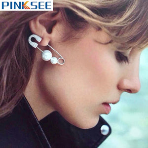 1pc Fashion Simulated Pearl Ear Jewelry Unique Safety Pin Earrings For Women Punk Alloy Puncture Ear Studs Brooch Gifts Free