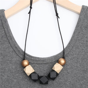 1pc New Wood Geometric Necklace Painted Chunky Faceted Wooden Beads Ball Chunky Leather Cord Brown Black Statement E2070