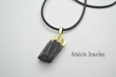 1pcs Natural Black Tourmaline Genuine Semi-precious Stone Pendants Silver Plating Rubber Chain Necklace For Men Jewelry