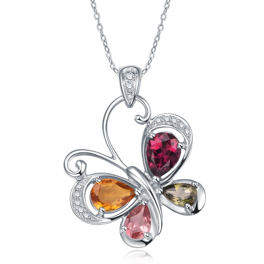 2.0ct Natural Colorful Tourmaline Gem Sterling Silver Flying Butterfly Necklace