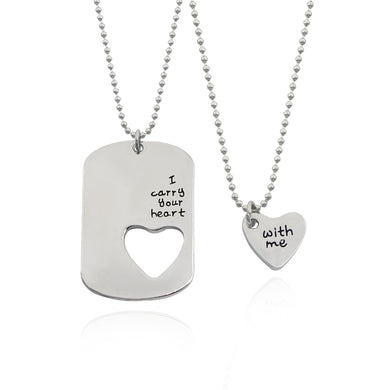 2 PCS Fashion Couple Necklace Set Lettering I Carry Your Heart With Me Love Heart Hollow Charms Choker Necklace For Men Women