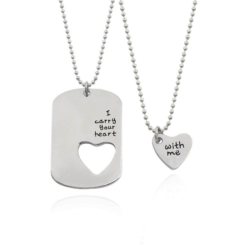 2 PCS Fashion Couple Necklace Set Lettering I Carry Your Heart With Me Love Heart Hollow Charms Choker Necklace For Men Women