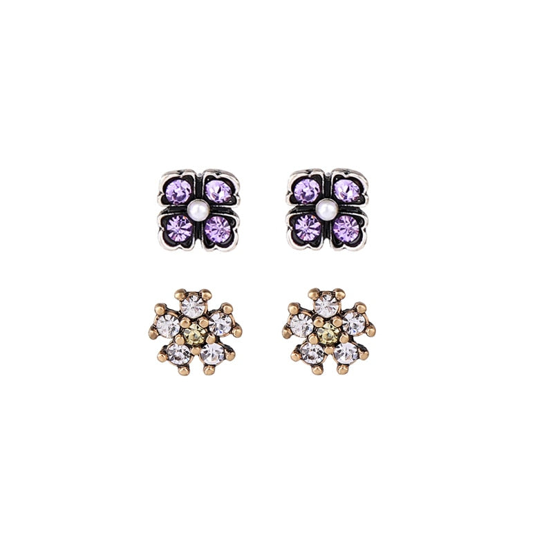 2 Pairs /Set Flowers Stud Earrings Glass Crystal Earrings for Women Vintage Mini Cute Earrings Girls Gift