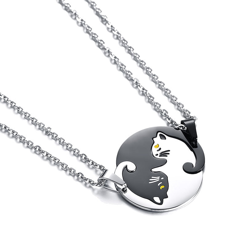 2 Pieces! Cute Cat Necklaces for Women Men Silver Black Titanium Cat Pendant Stainless Steel Chain Lover Couple Necklaces