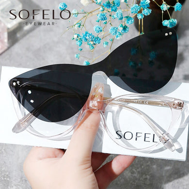 2 in 1 Polarized Magnet Clip On Eyeglasses Frame Women Acetate Cat Eye Optical Glasses Frame Female Myopia Prescription