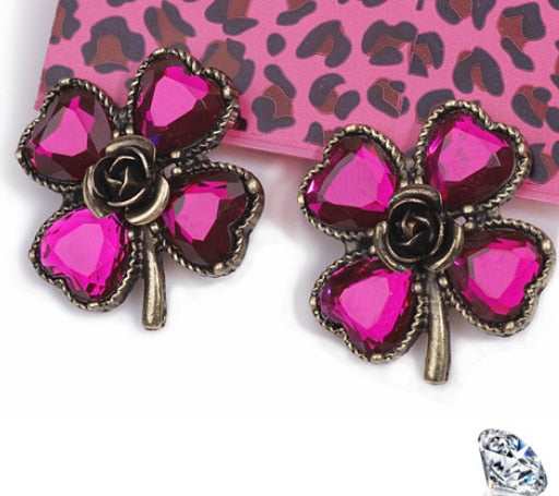 2014 New Fashion Vintage Shiny Rhinestone Rose Four Leaf Clovers Flowers Gem Stud Earrings E3226