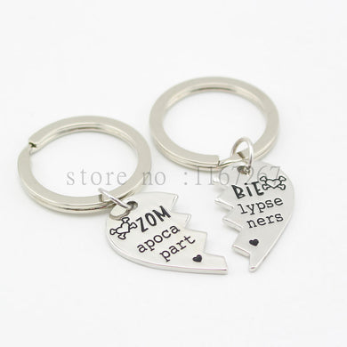 2015 broken heart Zombie Apocalypse PartnersBest Friend Couples Hand Stamped Keychain Set &necklaceThe Walking Dead