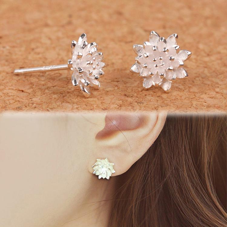 2016 Cute Female Handmade Jewellery Women's 925 Sliver Lotus Flower Ear Stud Earrings