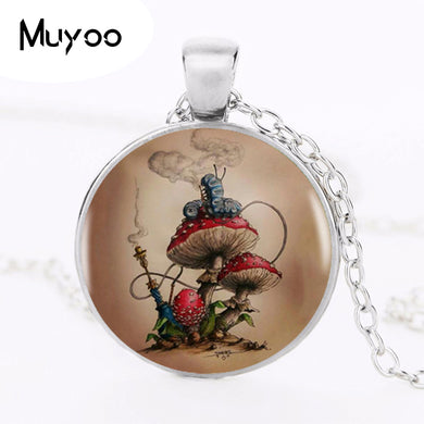 2017 Alice in wonderland - mushroom Pendant Choker Statement Silver Necklace For Women Dress Accessories Glass Jewelry HZ1
