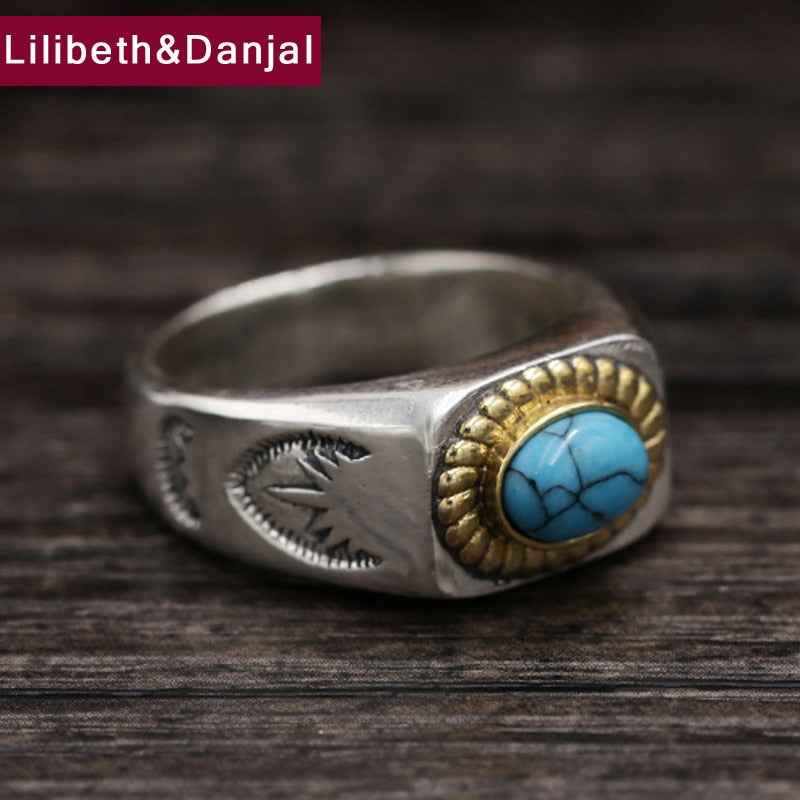 2017 Brand Men Ring 925 Sterling Silver Men Jewelry Vintage Turquoise Feather Finger Ring Men Women Gift Fine jewellery R49