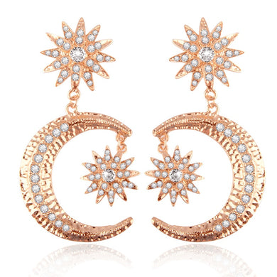 2017 Fashion Boho Style Gold Color Crescent Stud Earrings for Women Geometrical Shiny Crystal Star Moon Earrings Jewelry