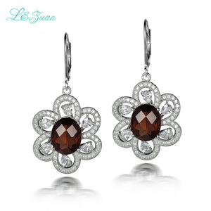 2017 Hot 925 Sterling Silver Natrual Smoky Crystal Brown Stone Flower Drop Earring Jewelry For Women Silver Fine Jewelry Gift