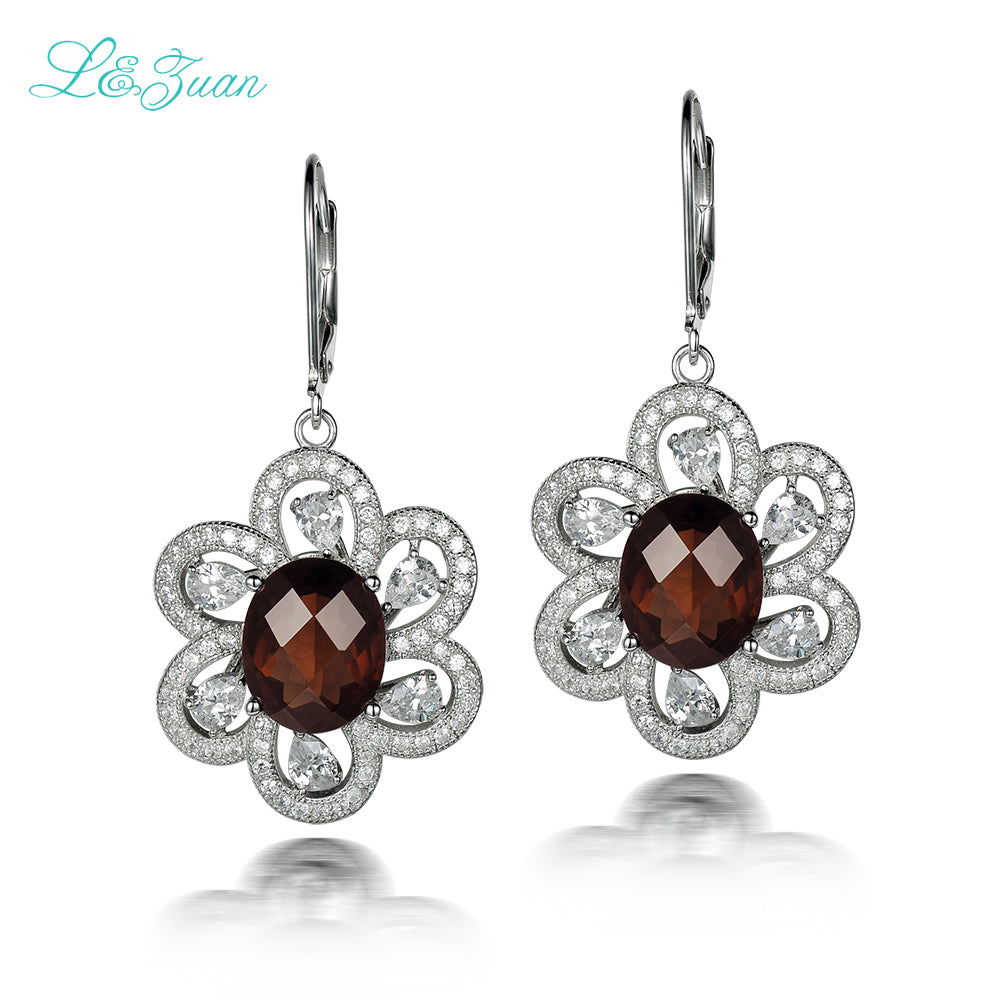2017 Hot 925 Sterling Silver Natrual Smoky Crystal Brown Stone Flower Drop Earring Jewelry For Women Silver Fine Jewelry Gift